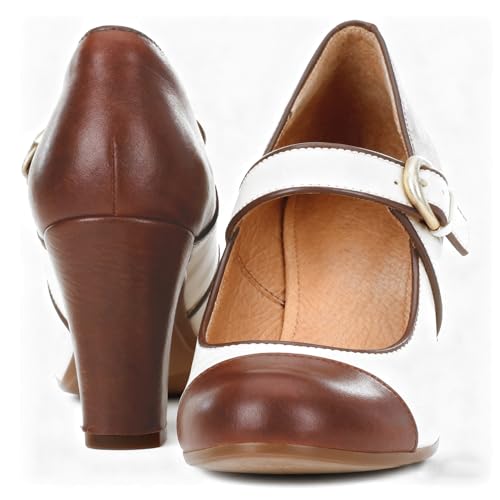 Image of SHODENSE Women Vintage Chunky High Heel Mary Jane Shoes Round Closed Toe Ankle Strap Dress Sandals 3 inch Block Heels Mary Jane Lolita Pumps Two-Toned Patchwork Buckle Office Lady Wedding Retro 4-11 M US