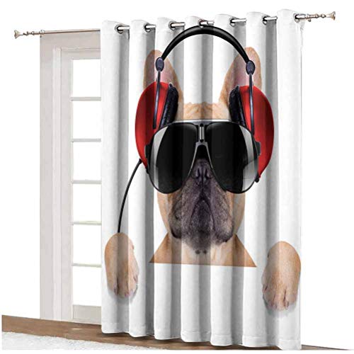 Popstar - Cortina para puerta corredera con auriculares para escuchar música detrás de la bandera blanca, paneles impresos, panel individual, 254 x 274 cm, para puerta de cristal, color marrón claro, negro y rojo