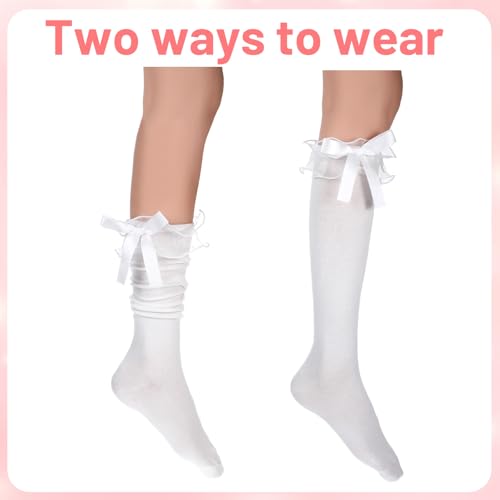 White Ruffle Socks, Cotton Knee High Girls Lolita Socks with Bow, Kawaii Goth Lolita Sock Gift for Women Daily Wear School Dating Dance3