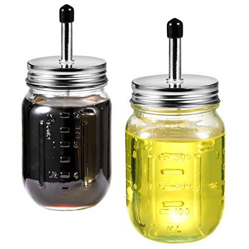 Olive Oil Vinegar Dispenser Set - Pint 16 oz Mason Jar Glass Olive Oil Cruet Bottle Stainless Steel Pour SpoutRustic Farmhouse Kitchen Decor  2-Pack