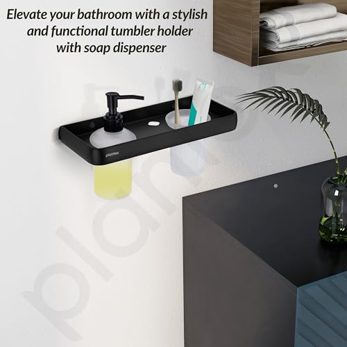 Image of Plantex Self Adhesive Aluminium Liquid Soap Dispenser with Tumbler Holder for Bathroom /2 in 1 Shampoo Dispenser with Toothpaste Holder /Bathroom Accessories - Pack of 1 (1505, Black)