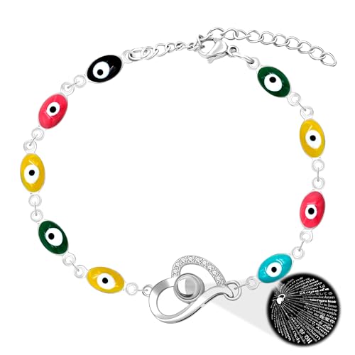 Image of 100 Languages I Love You Projection Heart Charm Evil Eye Chain Bracelet Adjustable Good Luck Jewelry Valentine's Day Anniversary Birthday Protection Gift for Women Mom Wife
