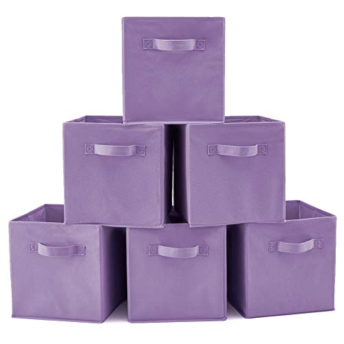 Image of EZOWare Set of 6 Foldable Fabric Basket Bins, 10.5"x10.5"x11" Collapsible Storage Organizer Cube with Handle for Kids Clothes Baby Nursery - Purple