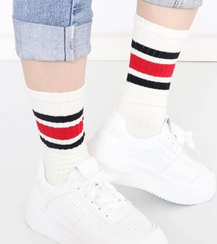 5 Pairs Chunky Ribbed Crew Socks Retro Novelty Cotton Scrunch Striped Socks3