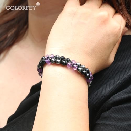 Triple Protection Bracelet for Women, Genuine Healing Crystal Bracelet Amethyst Black Obsidian Hematite 6mm, Pyramid Energy Crystal Beads Bracelet Christmas Gifts for Mom Wife for Protection Balance2