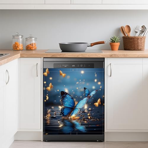 Image of Dishwasher Cover,Blue Butterflies Reusable Dishwasher Magnet Cover,Decorative Glitter Butterfly Magnetic Refrigerator Cover Front Panel Cover for Kitchen Decor 23x26 Inch
