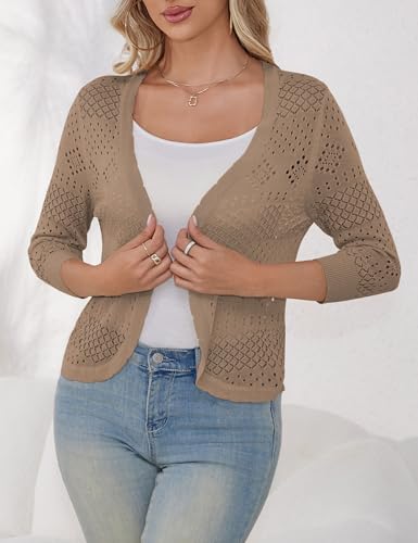 Image of REDHOTYPE Women's 3 /4 Sleeve Cardigan Open Front Cropped Shrugs Summer Hollowed Lightweight Cardigans Sweater (S-XL)