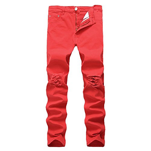 Photo de FULUJIDI Jeans Hose High Street Hole Jeans Petit Pied Élastique Hommes Femmes Jeans 40 577Red