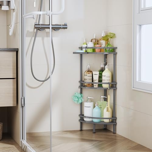 Image of HapiRm Standing Corner Shower Caddy - 3 Tier Shower Organizer Corner with Soap Holder and 4 Hooks, Rustproof Bathroom Storage Shelves with Adhesives, Grey