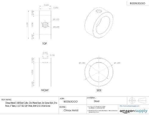 Climax Metal C-100 Shaft Collar, Zinc Plated Steel, Set Screw Style, One Piece, 1" Bore, 1-1/2" OD, 5/8" Wide, with 5/16-18 Set Screw