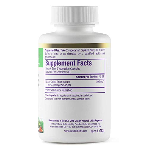 Paradise Herbs GREEN COFFEE BEAN, 60 COUNT Green Coffee Bean, Active Whole Spectrum Extract, Super Potent, Ultra Pure, Vegan, Gluten Free, Non-Gmo, 60 Count Vegetarian Capsules thumb #1