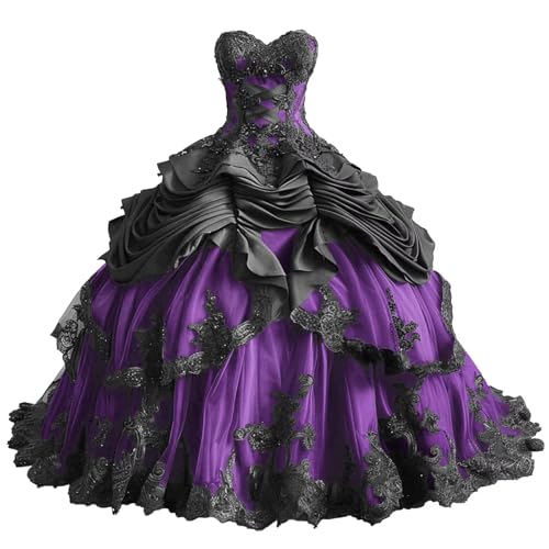 Mauuwy Ruffles Quinceanera Dress Beaded Purple Black Gothic Ball Gown