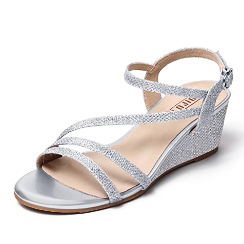 IDIFU Women's Wedge Heel Sandal Dress Low Strappy 2 Inch Open Toe Wedding Bridal Shoes for Woman Ladies Evening Formal