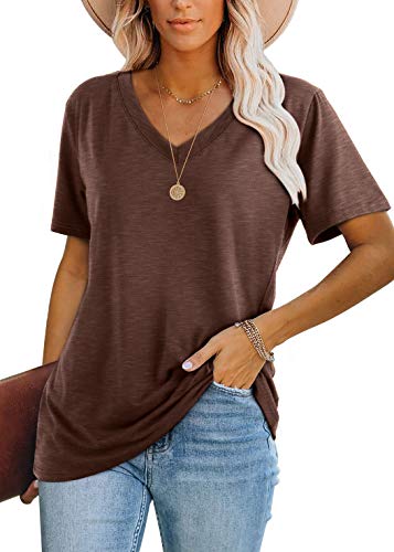 WIHOLL Tops for Women Trendy Short Sleeve Summer T Shirts for Women V Neck Tee Spring Clothes Loose Fitting Business Casual Tops Fashion Clothing Brown L