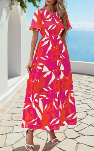 Image of PRETTYGARDEN Women's 2026 Summer Casual Flutter Short Sleeve Boho Floral Maxi Dress Crew Neck Smocked Tiered Long Dresses
