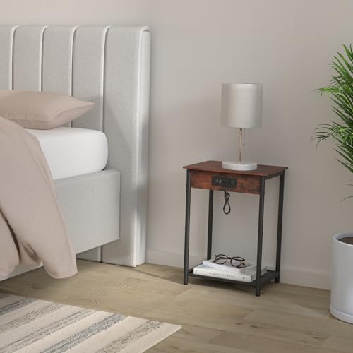 Yoobure Side Table with Charging Station, End Tables Living Room Set of 2, Industrial 2 Tier Nightstand with USB Ports, Rustic Narrow Bedside Table with Storage Shelf for Bedroom, Office, Small Spaces