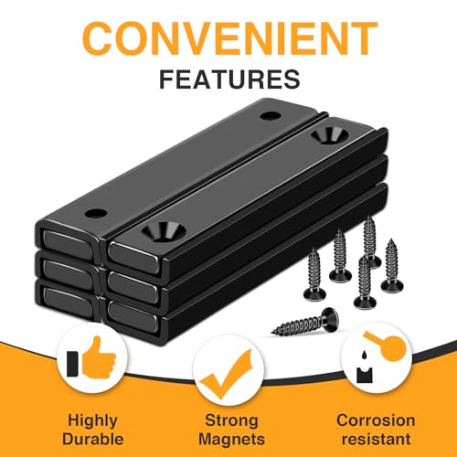 Image of TRYMAG Bar Magnets, 80Lbs 6 Pack Countersunk Hole Magnet with Screw | Black,Heavy Duty Rare Earth ,Neodymium,Rectangular,for Mounting, Door, Garage, Workplace(60 x 13.5 x 5mm )