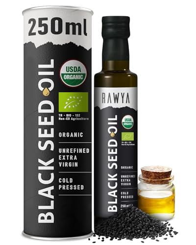 RAWYA Organic Cold-Pressed Black Seed Oil 250ml, Turkish Black Cumin (Kalonji, Nigella Sativa), Unrefined, Rich in Omega-3-6-9, Strong Taste, for Hair, Skin, Face and Overall Wellness, Pack of 1