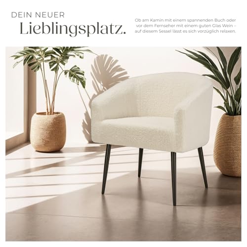tectake® Lounge Sessel beige mit Polster, Wohnzimmer Möbel, Relaxsessel modern, skandi Loungesessel, Cocktailsessel Bouclé Plüsch Stoff, Armlehnstuhl mit Metallbeinen, Lesesessel Schlafzimmer