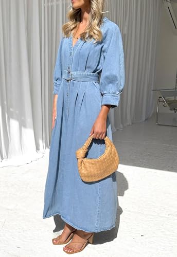 chouyatou Women's Boho V-Neck Button Down Swing Maxi Denim Dress 3/4 Sleeve Casual Belted Long Jean Dress3