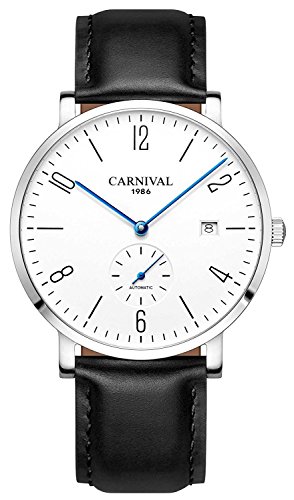 Image of MASTOP Mens Ultra-Thin White Dial Watches Leather Strap Fashion Waterproof High End Automatic Mechanical Watch