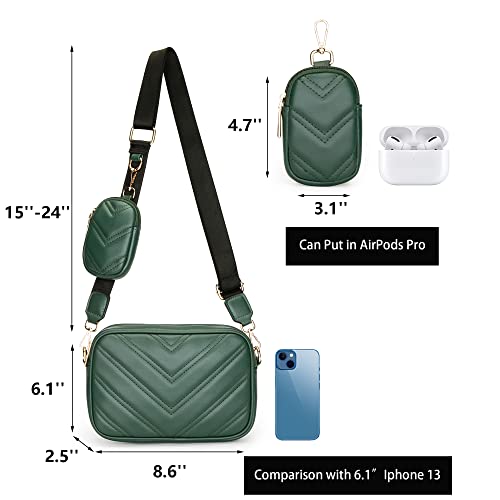 Image of Herald Chevron Quilted Small Crossbody Bag with Coin Purse Pouch, Women Square Camera Side Shoulder 2 Size Handbags (Green)