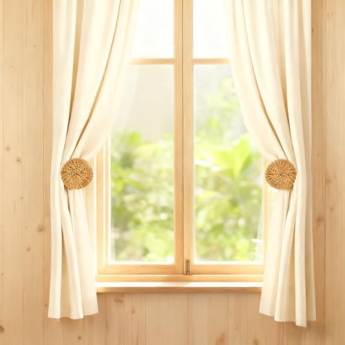 Kinktons Boho Curtain Holdbacks & Cotton Rope Tiebacks Set of 2 - Wall Mounted Decorative Drapery Hooks, Hand-Woven Natural Rattan Wooden & Soft Cotton Rope for Sheer/Blackout Curtains Home Office by Kinktons - Image 6