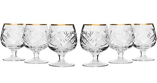 Victoria Bella TM5290G, 7 Oz. Hand-Made Crystal Brandy Glasses, 24K Gold-Plated Vintage Scotch Whiskey Cut Crystal Snifters on a Stem, Wedding Gift Drinkware, Set of 6