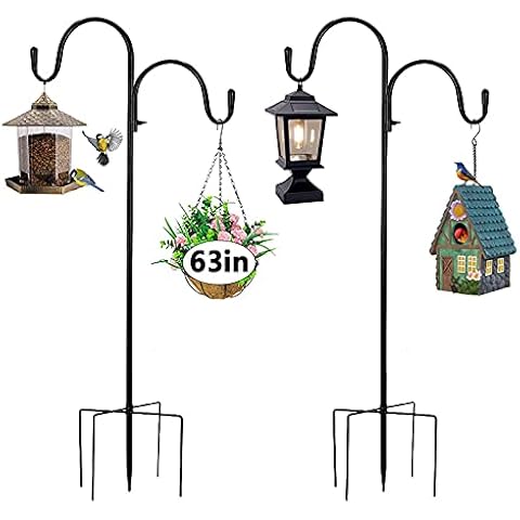 2 Pack Outdoor Shepherd Hooks with 5 Prong Base, Garden Hook Metal Garden Poles for Hanging Bird Feeders,Flag,Plant Baskets, Light Lanterns, Flower Ball and Holiday Decorations (160cm/63inch) Cover