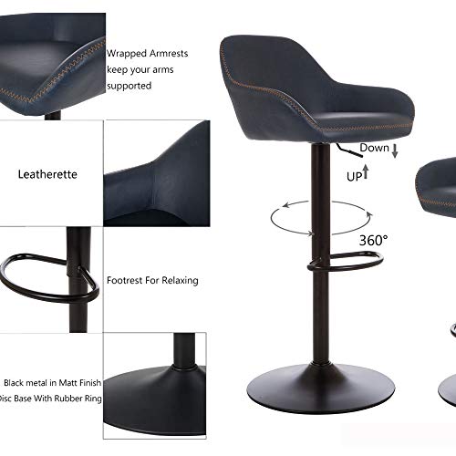 Glitzhome Mid Century Bar Stools Set Of 2 Vintage Swivel Leather Adjustable Bar Chair With Backrest And Footrest, Modern Pub Kitchen Counter Height Barstools, Dark Blue #TOP3