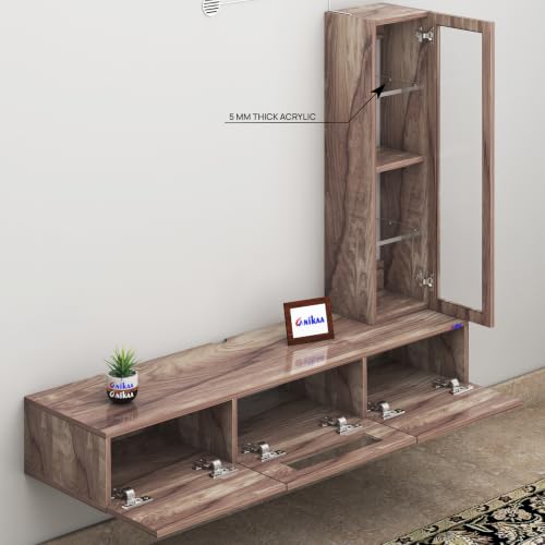 Image of Anikaa Lucen Ultra Modern Wall-Mounted TV Unit with Storage Cabinet and Light |3 Flip-Down Storage Doors Acrylic Shelves & Engineered Wood Construction | Fits Up to 55 Inch TV | Coachwood Finish | DIY