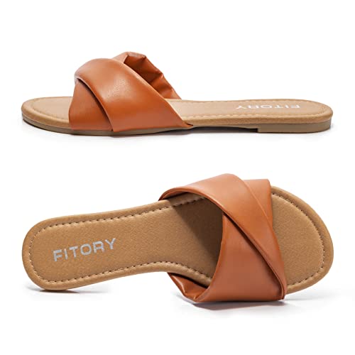 Image of FITORY Women's Flat Sandals Fashion Slides With Soft Leather Slippers for Summer Size 6-11