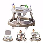 RuguAini 360° Rotating Seat Baby Walkers for 6-24 Month Babies,Music Toddler Push Along Walker for Boys and Girls, No Installation, Foldable, Height Adjustable with Silent Wheels (Khaki)