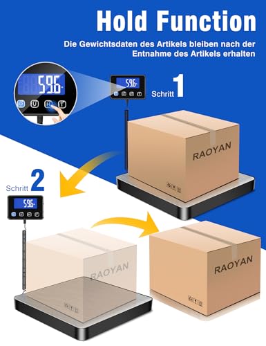 RAOYAN Paketwaage, 200kg/10g Hochpräzise Briefwaage Digitalwaage mit Halte/Tara Funktion, Plattformwaage Kofferwaage mit Wandmontiertem LCD Display für Pakete/Lager/Gepäck