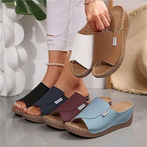 Comfortable Arch Support Slides - Women's Breathable Summer Orthotic Leather Platform Wedge Sandals Slides, Casual Slip on All Day Walking Sandal3