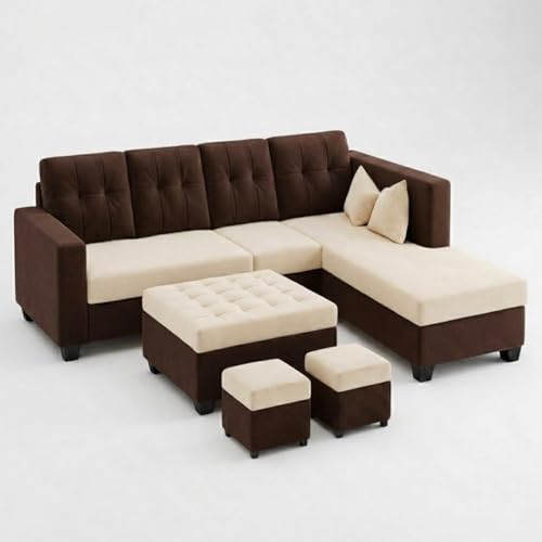 Image of FURNY Nathan 8 Seater L Shape Sofa Set RHS (Dark Brown-Cream) | Suede Velvet Finish | Durable Comfort Sofa for Modern Living Room & Office Spaces