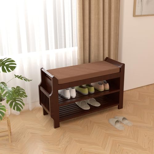 NURTUDIS Banco zapatero, taburete de almacenamiento de zapatos de bambú con cojín extraíble, estante organizador de zapatos de entrada de 2 niveles con cajón lateral y cesta para libros/paraguas para