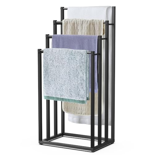 VOUNOT® Porte-Serviettes autoportant sur Pied Support à 4 Niveaux en Métal Rangement Stable pour Serviettes de Bain et Accessoires Idéal à Côté de la Douche Baignoire ou Lavabo Noir