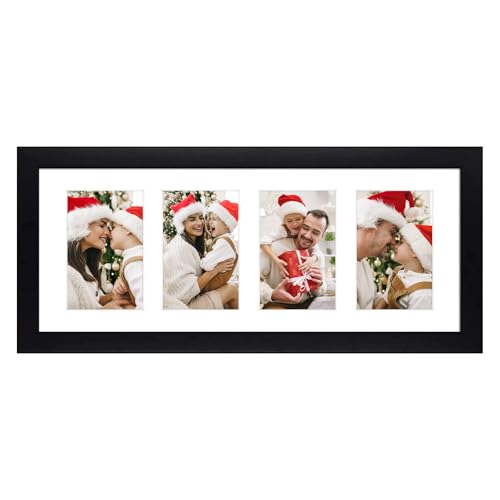 Golden State Art, 8x20 Picture Frame, Black, Collage Frame Display Four 4x6 Photos, Horizontal or Vertical, HD Tempered Glass, Real Wood Molding, Wall Hanging, 1 Pack