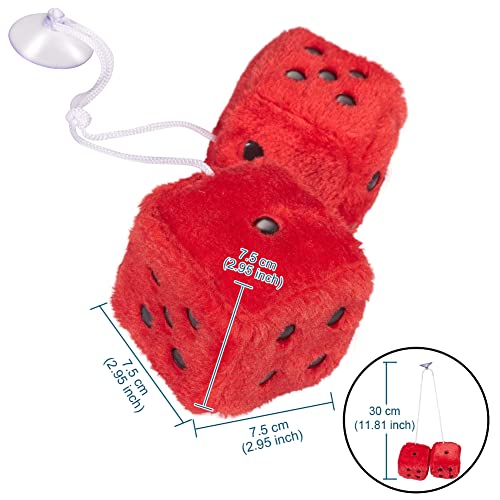 Image of 2.95'' Retro Fuzzy Plush Dice Car Charm Square Rear View Mirror Hanging Ornament Accessories, Red