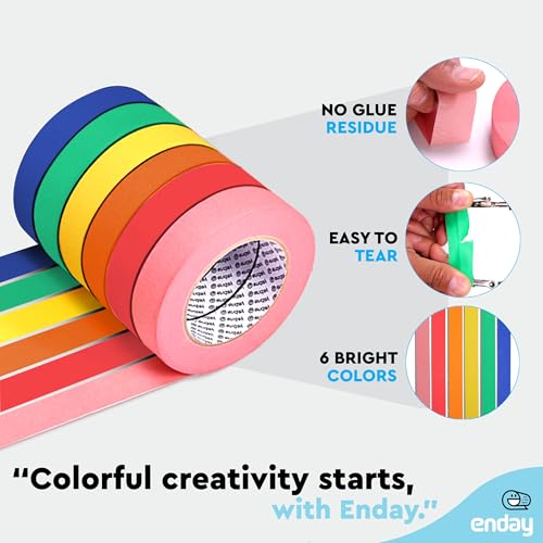 Image of Enday Colored Masking Tape (6 Pack) 1080 Ft x 1 in - Colored Masking Tape 1 inch Wide x 180 Feet (60 Yards) per roll - Painters Tape, Great for Arts Crafts & Labeling