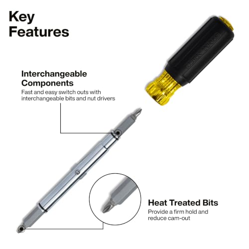 Image of Klein Tools 32500MAG Magnetic Multi-Bit Screwdriver / Nut Driver, 11-in-1 Multi Tool with 8 Bits, 3 Nut Driver Sizes, Cushion Grip Handle