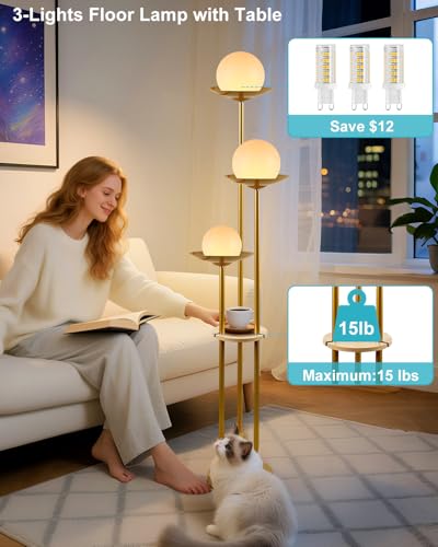 Image of Lightdot 3-Light Globe Floor Lamp with Shelf Modern Dimmable Floor Lamps for Wedding /Party, 3000K Warm White Bulbs Included, Gold Tall Standing Lamp for Living Room /Bedroom /Sofa Beside /Corner Decor