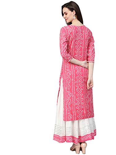 Image of Ishin Women's Pure Cotton Pink & White Embroidered & Gotta Patti A-Line Kurta suit set with Skirt