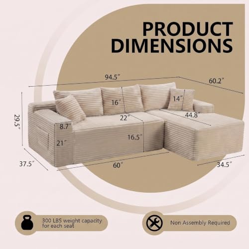 Image of 94.5 inch L Shaped Boneless Sectional Corduroy Couches for Living Room (Camel)