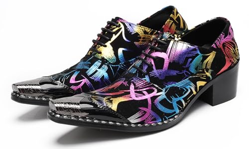 Santimon Mens Pointed Toe Lace Up Dress Shoes with Metal Tip – Western Formal Oxfords with Colorful Pattern, Snake Print & Graffiti Design – Stylish Party Stage Prom Shoes