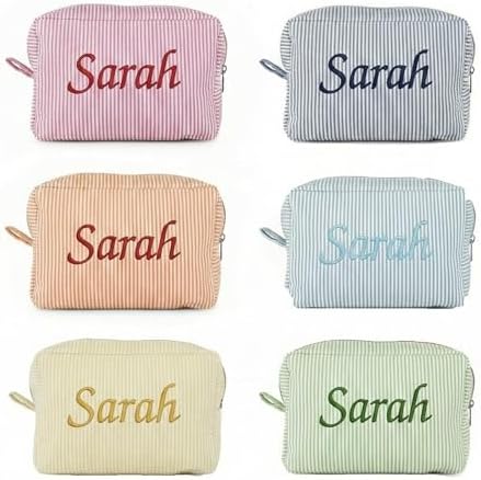 Personalized Makeup Bag Waffle Knit Green Striped Cosmetic Pouch ...