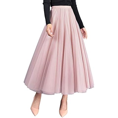 FEOYA Women's High Waist Tulle Skirt Dance Date Casual Elegant Vintage Petticoat A-Line Long Maxi Skirt Pink Cover