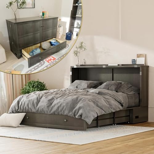 Queen Murphy Bed, Pine Wood Murphy Cabinet Bed with Tri-Folding Mattress,Storage Drawer & USB Charging Station for Living Room Apartment (Grey for Queen Size)