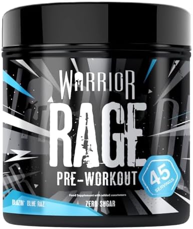 Warrior Rage Pre Workout Booster 392 g, 45 Portionen – Pre Workout Pulver mit 300 mg Koffein, Beta Alanin, Kreatin, BCAA, Taurin, Citrullin & Arginin – Blazin' Blue Raz